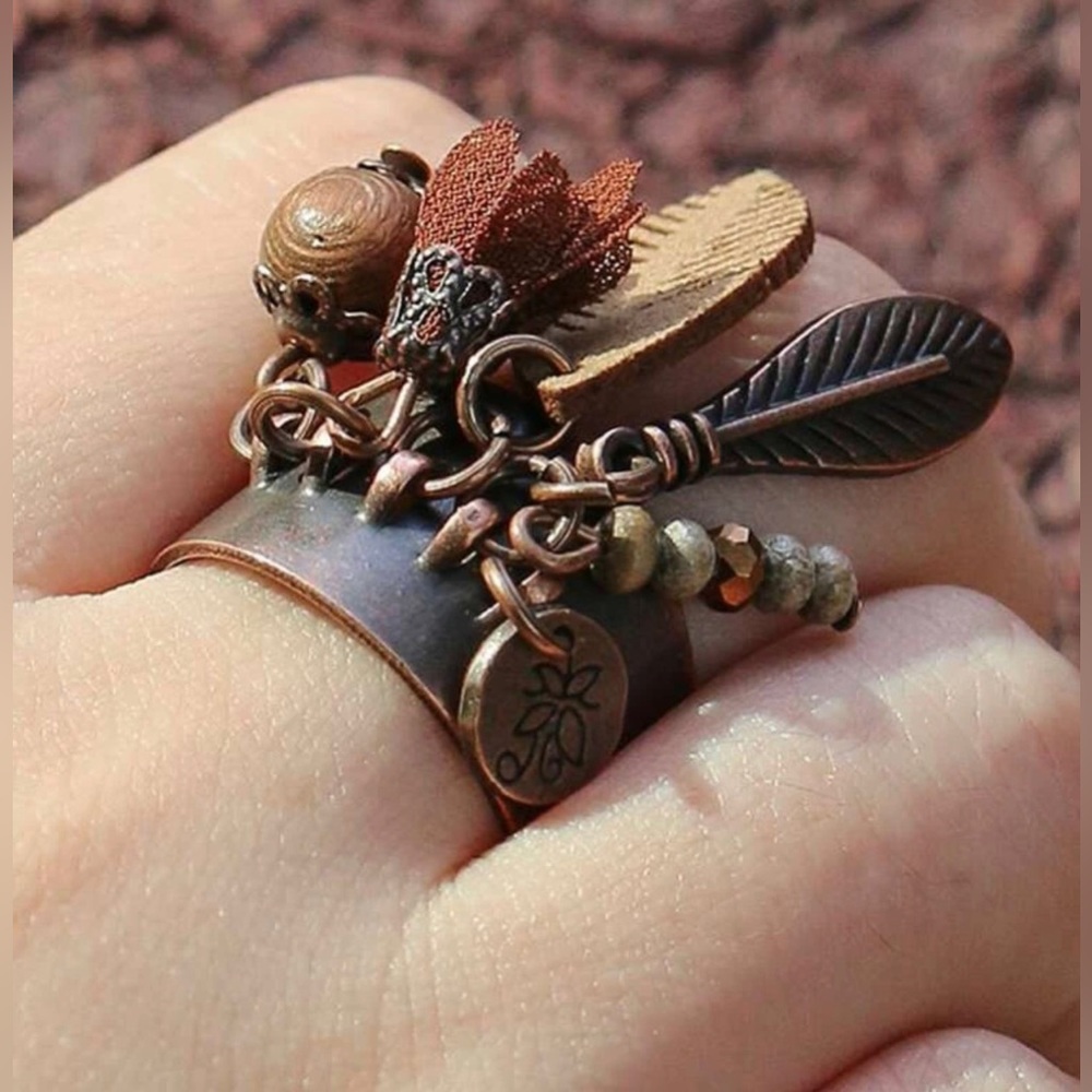 Bohemian Hippie Dangling Charms Wood Bead Feather Fabric Flower Copper Adj Ring - Picture 2 of 16